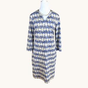 J. McLaughlin Dress Tan Blue Waves ¾ Sleeves (M)